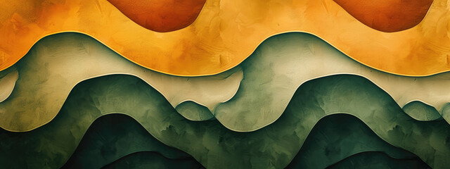 Unique abstract wave background in vintage style with a retro color mix of avocado green, mustard yellow and burnt orange - obrazy, fototapety, plakaty