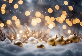 Fototapeta na wymiar Beautiful Festive Christmas light snowy background Christmas tree decorated with gold balls in fores