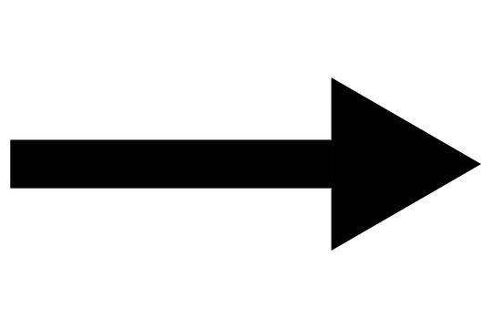 Icon of a straight pointed arrow. Black arrow indicating rightward direction. Isolated image.