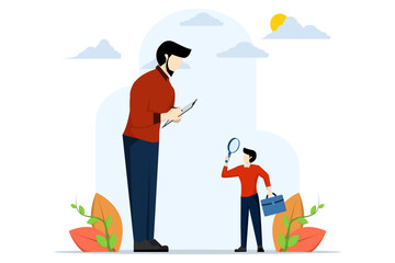 Suspicious businesspeople analyzing each other with a magnifying glass Partners suspicious or distrustful, worried or questioning business transparency concept, doubting or pretending, analyzing fake.