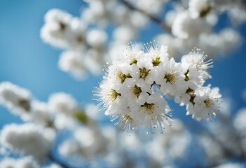 Blooming fluffy willow branches in spring close-up on nature macro on blue background sky with white