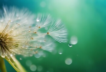 Beautiful water drops on a dandelion seed macro in nature Beautiful blurred green and blue backgroun