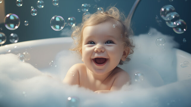 Happy smiling baby boy in the bathtub