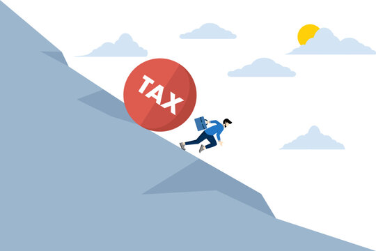 a large, heavy tax ball rolled down the hill until the employer's workers ran away from the ball. Wrong tax payment due date or no financial planning for tax free investment concept.