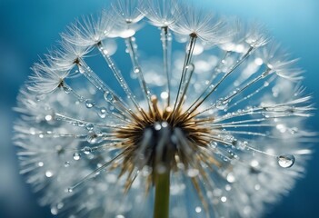 Dandelion flower in droplets of water dew on a blue colored background with a mirror reflection of a