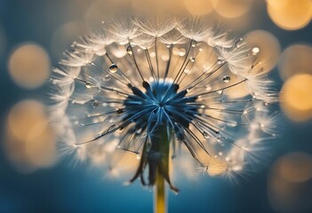 Dandelion flower in droplets of water dew on a blue colored background with a mirror reflection of a