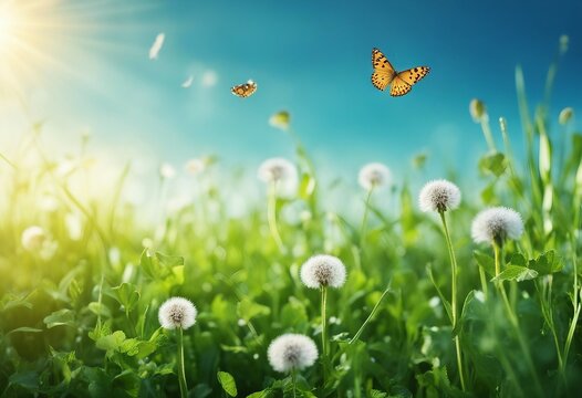Fototapeta Fresh green grass clover dandelion flowers and flying butterfly against blue sky in summer morning a