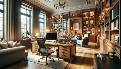 A beautiful interior view of a home office, designed with elegance and functionality. The office features a large wooden desk