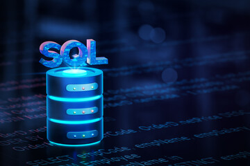 SQL and data storage are placed on Structured Query Language code. Concept of learning SQL programming language, Computer courses and training, Database server, Database management system, 3D render. © Tee11