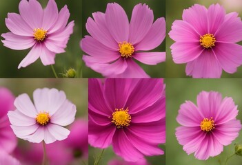 Set of six pink Cosmos bipinnatus flowers with different perspective isolated on white background Or