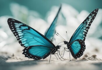 Set two beautiful blue turquoise tropical butterflies with wings spread and in flight isolated on wh