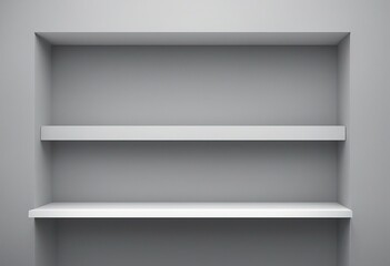Universal minimalistic background for product presentation White empty shelf on a light gray wall