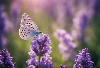 Two lilac butterfly on Lavender flowers in rays of summer sunlight in spring outdoors macro in wildl