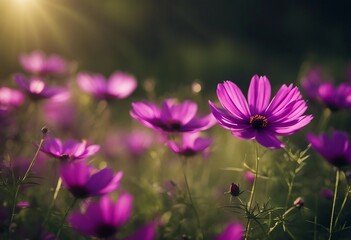 Wild purple cosmos flowers in meadow in rays of sunlight on nature macro on dark green background wi