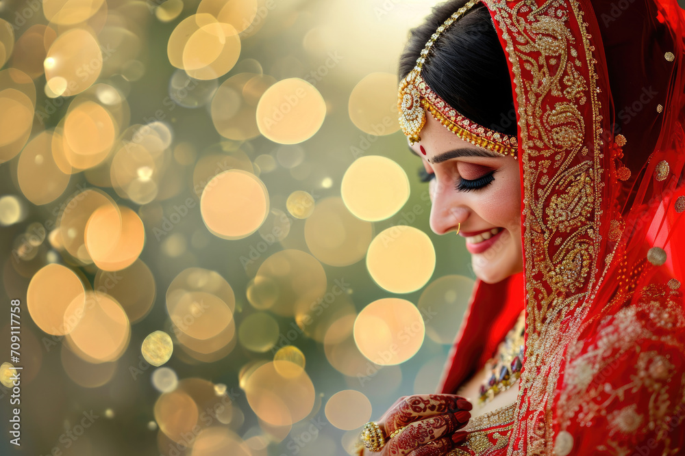 Wall mural a happy indian bride wearing traditional red attire bokeh style background