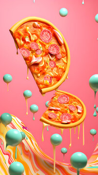 Bright background for National Pizza Day, colorful colors in a modern style. Levitating slice of pizza. Pink background.