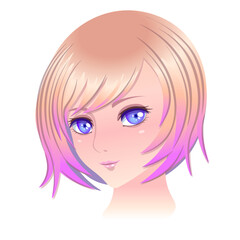 Girl portrait in anime style. Vector drawing in manga style. Cute young girl with short gradient pink color hair, blue eyes. Happy cartoon female character vector illustration