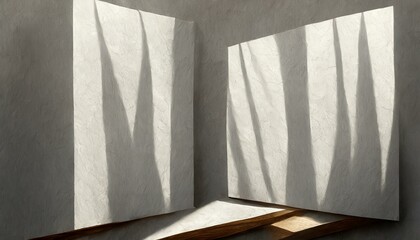book on the window, the delicate interplay of light and shadows on two vertical sheets of textured white paper, elegantly laid on a soft gray table background