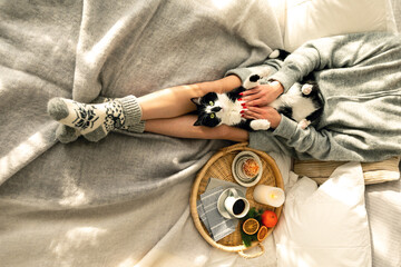 Breakfast in bed. The cat lies on the legs of the girl on the bed - Powered by Adobe