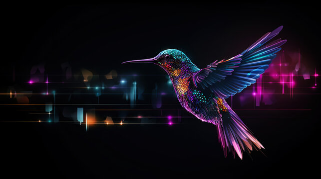Big data visualization. Flight of a digital humming bird in neon colors. Information aesthetic design. Generative AI