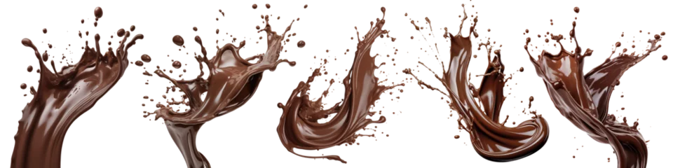 Zelfklevend Fotobehang Set of a chocolate splashes isolated on white or transparent background. Close-up of a splash of fresh milk chocolate. An element to be inserted into a design or project. © SERSOLL