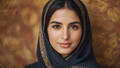 Young Elegant Middle Eastern Woman with Long Straight Hair and Traditional Headscarf