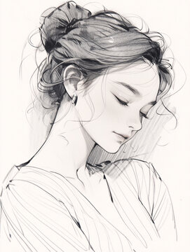 Portrait of a beautiful girl, character sketch pencil drawing illustration