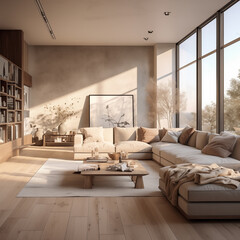 interior of a modern apartment, living room flooded with soft light