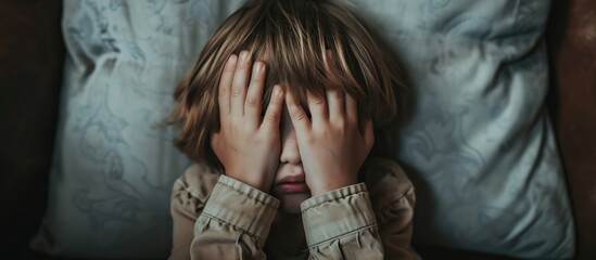 Child's pre-bedtime fear and night terrors; covering face in fear; child's experiences; view from above; sad psychological state.