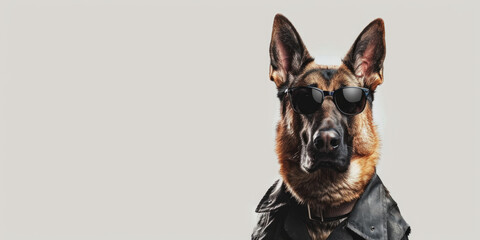A German Shepherd, dressed as a security officer, stands confidently with sunglasses, offering wide banner space for text.