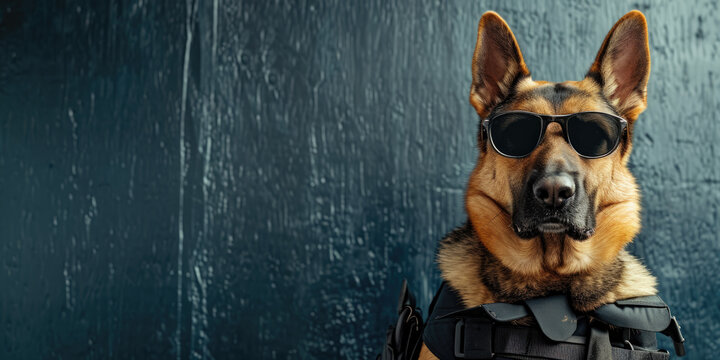 A German Shepherd in cop attire, guarding with authority.Copy Space.