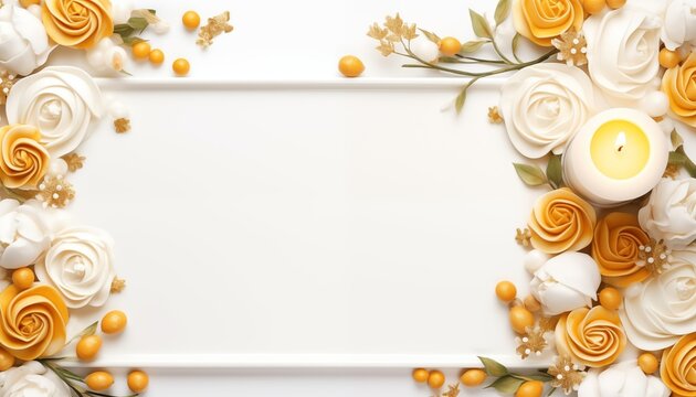 frame of flowers and cake and beeries in white yellow