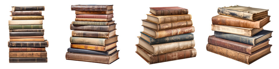 Folded old books isolated on transparent background. Old paper, old stories. Side view. Folded closed old books as a design element for insertion into a design or project.