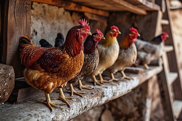 Group of chickens on the farm in the village. Rural scene.