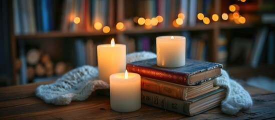 Cozy indoor ambiance with vintage books, artificial candles on wooden desk.