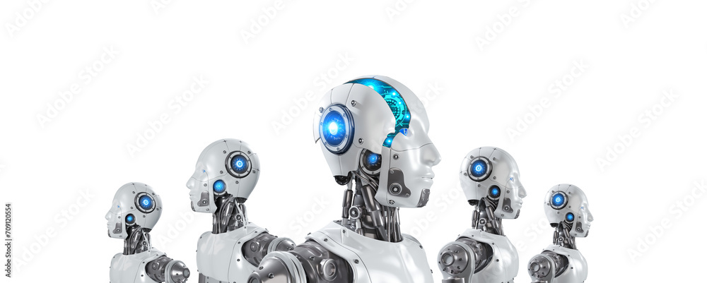 Fototapete group of artificial intelligence robots with digital graphic brain engine inside head isolated on tr