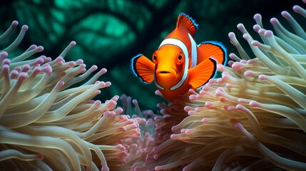 Naklejka na ściany i meble Curiosity Unleashed Photograph a clownfish peeking out from behind the anemone's tentacles, showcasing its curious and inquisitive nature