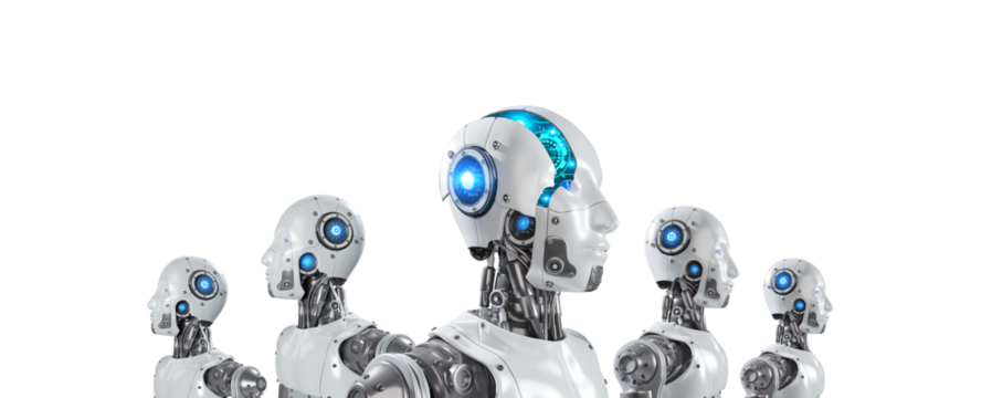 Group of Artificial Intelligence Robots with digital graphic Brain Engine inside Head Isolated on transparent background, png file, 3D rendering
