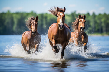 Running Horses in lake water