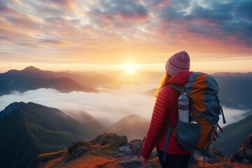 Woman with backpacker enjoying sunrise view at summit top in high mountain