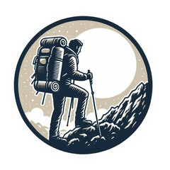sticker design of a man climbing a mountain alone, wearing a mountain bag on his back, with a circle in the background