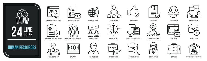 Human resources skills simple minimal thin line icons. Related employee, job search, recruitment, job vacancy. Editable stroke. Vector illustration.