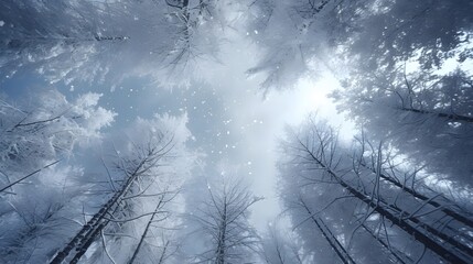 A beautiful winter forest when it is snowing. Looks from below to the sky.
