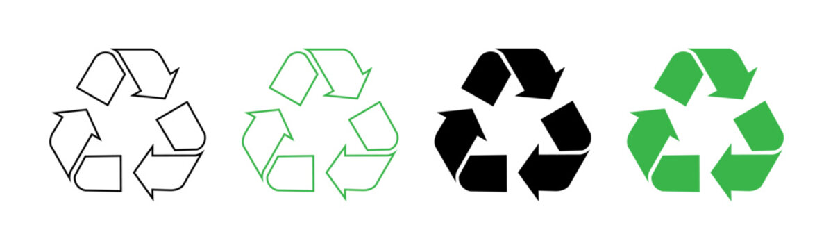 Recycling symbol icons in green and black color with outline and fill. Mobius strip recycling symbol icons