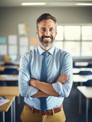 Obraz premium smiling male teacher standing in classroom with arms crossed.