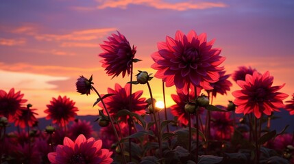 Dahlia Silhouette Photograph Dahlia flowers as silhouettes against the backdrop of the setting sun. Focus on the dark outline of the flowers, contrasting them against the colorful evening sky