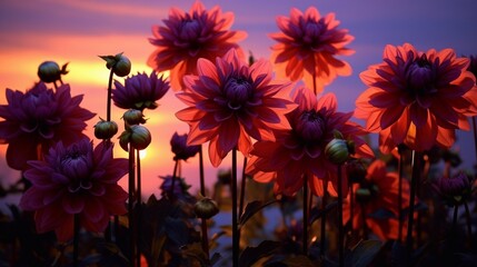 Dahlia Silhouette Photograph Dahlia flowers as silhouettes against the backdrop of the setting sun....
