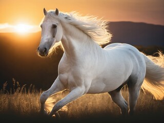 Obraz na płótnie Canvas portrait of a white horse with long hair blowing in the wind at sunset