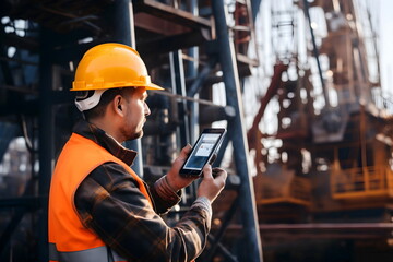 engineer man control oil rig with mobile phone, Generative AI