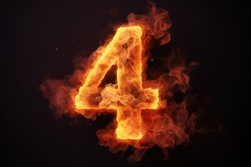 fire number 4 made of fire flames. number four symbol. isolated on black. hot red and orange symbol